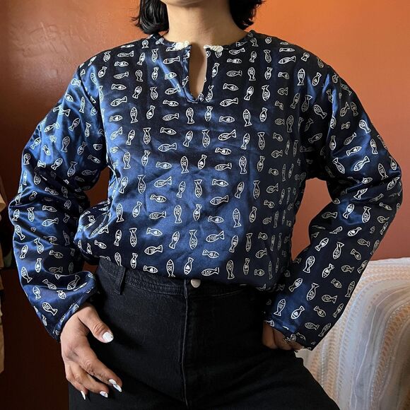 quilted fish print long sleeve blouse blue and white small medium Undercover - Picture 7 of 10